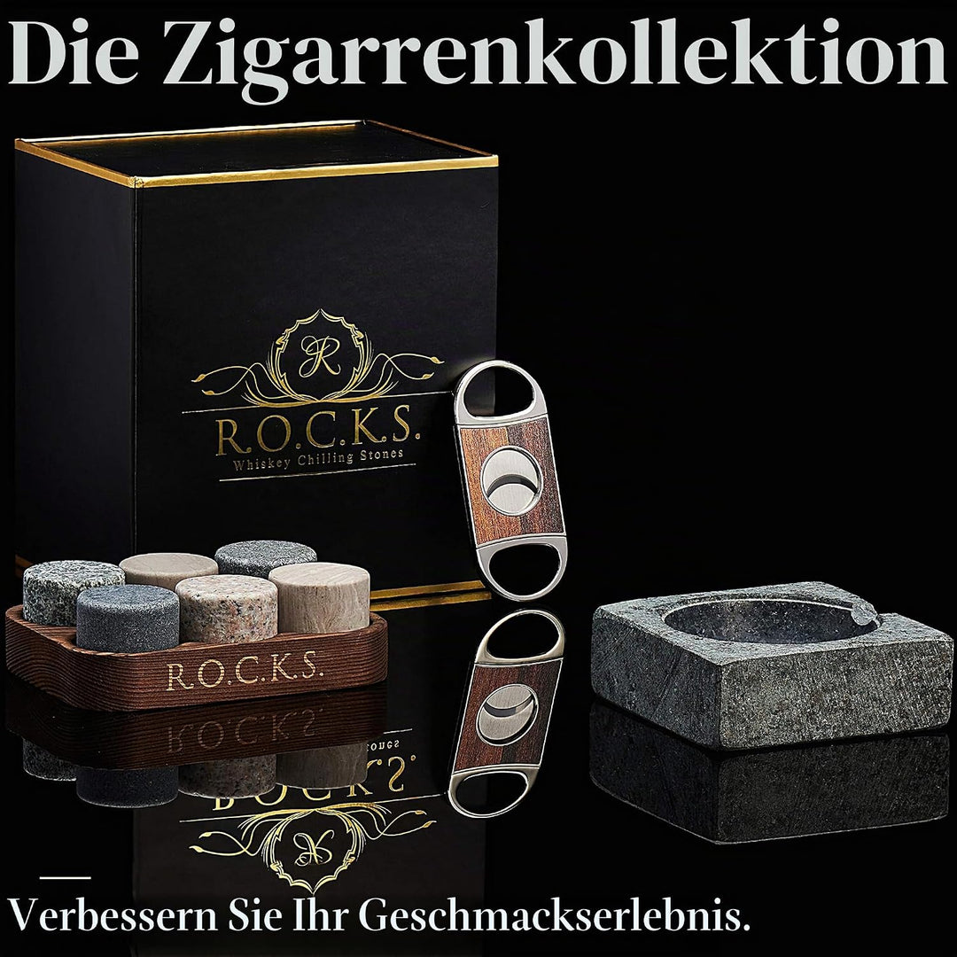 Whisky Steine Geschenkset mit Zigarrenschneider &amp; Zigarren Aschenbecher - 6 Handgefertigte Premium-G