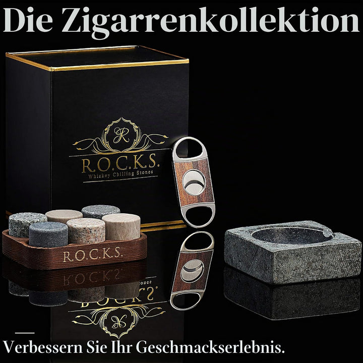 Whisky Steine Geschenkset mit Zigarrenschneider &amp; Zigarren Aschenbecher - 6 Handgefertigte Premium-G