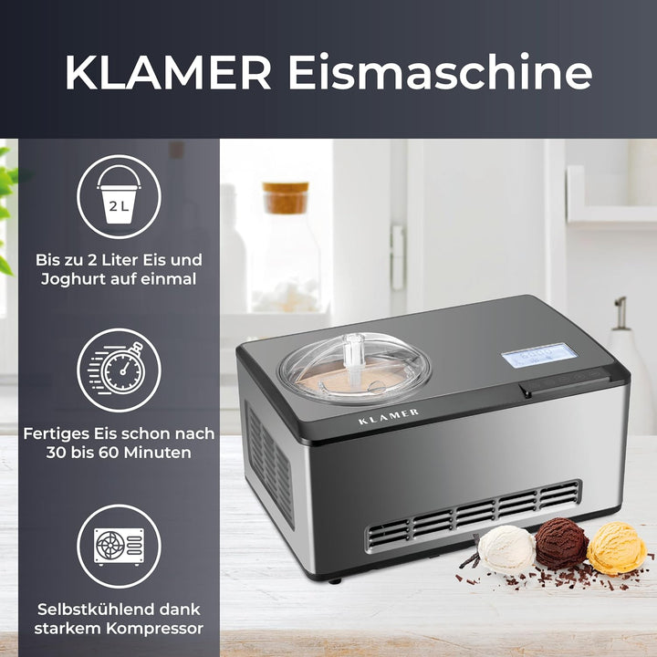 KLAMER 2-in-1 Eismaschine & Joghurtbereiter 2 L, 180 W Eiscrememaschine aus Edelstahl mit Kühl- und