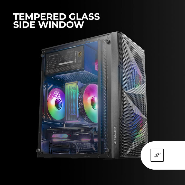 Mars Gaming MC-ME Schwarz, Kompaktes MicroATX-Gaming-Gehäuse, Seitenfenster aus Gehärtetem Glas, Geo