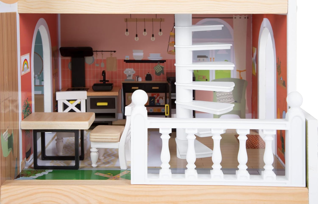 small foot Puppenhaus mit Dachterrasse aus Holz, mit offener Front und Zubehör, für Kinder ab 3 Jahr