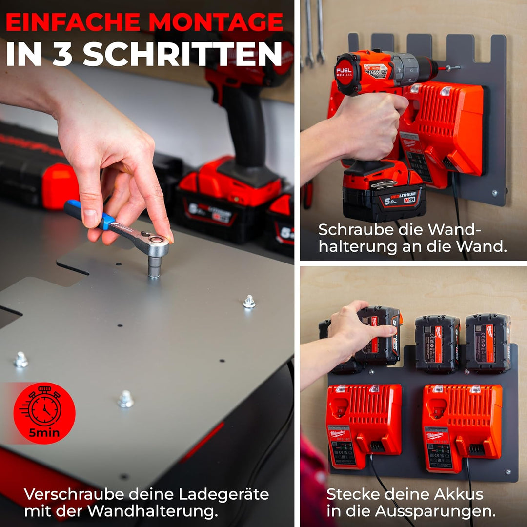 Wandfest® Wandhalterung für Milwaukee Akkus und Ladegeräte | inkl. Befestigungsmaterial [MADE IN AUS