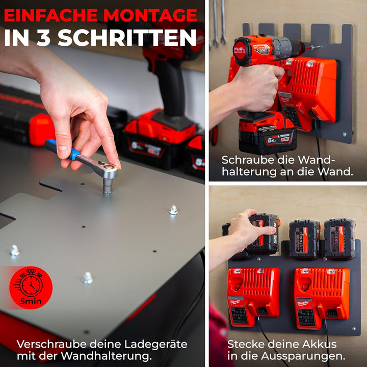 Wandfest® Wandhalterung für Milwaukee Akkus und Ladegeräte | inkl. Befestigungsmaterial [MADE IN AUS