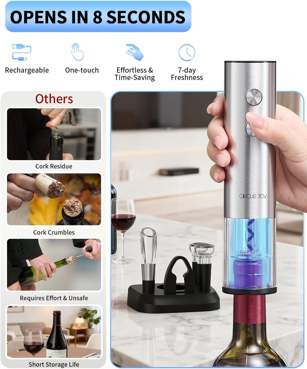 CIRCLE JOY Elektrischer Weinkorkenzieher mit Ladestation, 6-in-1 wiederaufladbares Weinöffner-Set, K