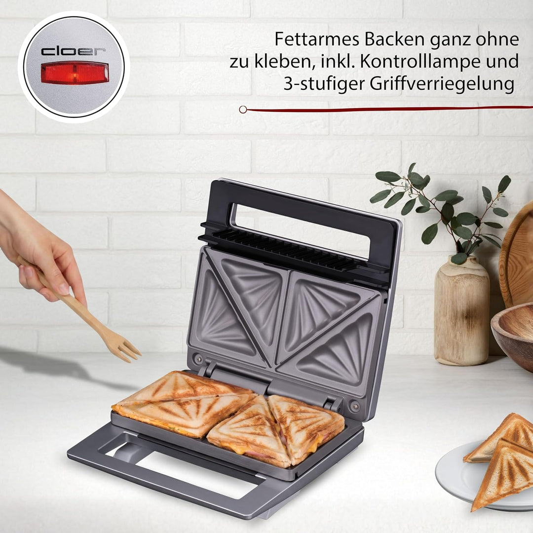 Cloer 6219 Sandwichmaker, 900 W für 2 diagonal geteilte Toasts, optische Fertigmeldung, silber Silbe