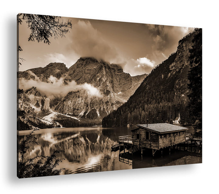 deyoli idyllischer Ort am Pragser Wildsee Effekt: Sepia, Format: 80x60 als Leinwandbild, Motiv ferti