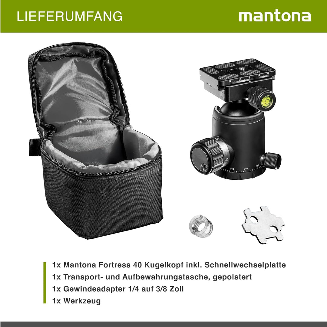 mantona Fortress Kugelkopf mit 40 mm Kugel I 360° Panorama-Funktion & 3 Wasserwaagen I mit Arca Swis