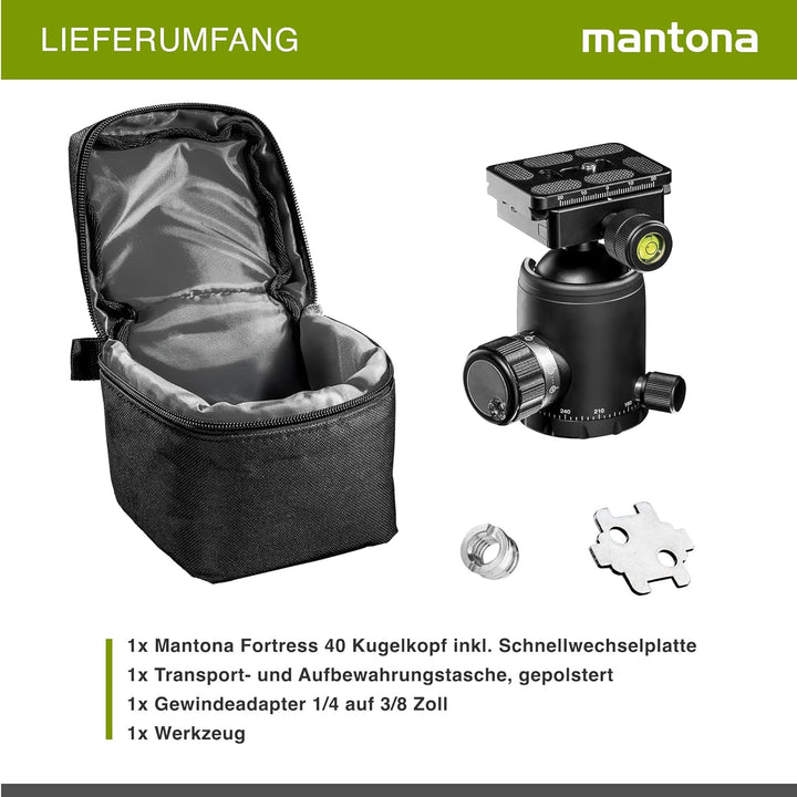 mantona Fortress Kugelkopf mit 40 mm Kugel I 360° Panorama-Funktion & 3 Wasserwaagen I mit Arca Swis