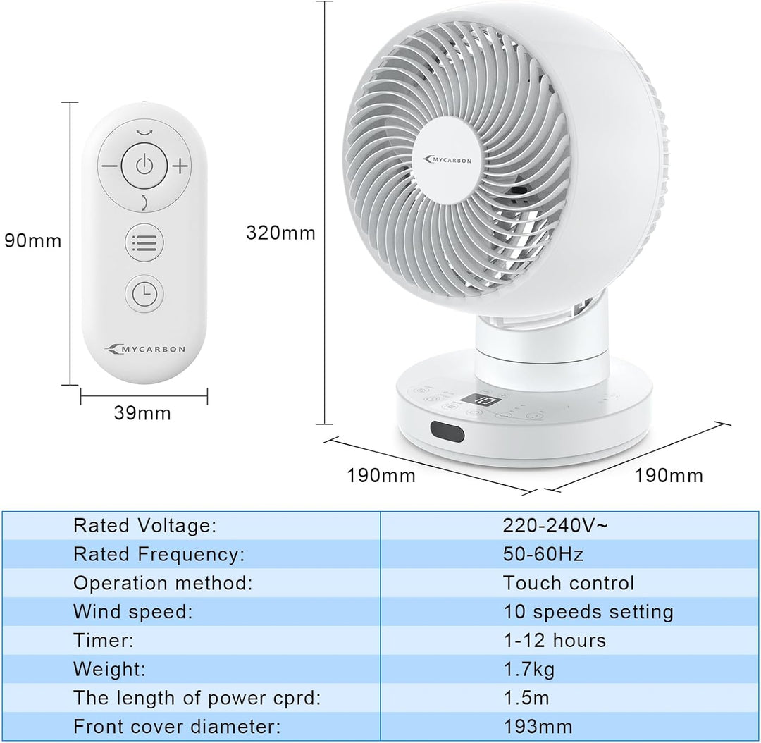 MYCARBON Ventilator leise DC Motor 30°/60°/90° Oszillation 10 Stufe 12h Timmer Turbo Modus Tischvent