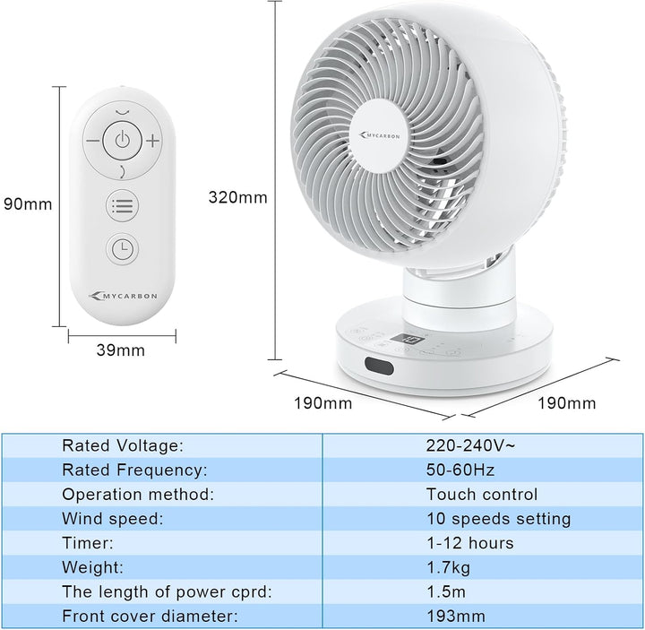 MYCARBON Ventilator leise DC Motor 30°/60°/90° Oszillation 10 Stufe 12h Timmer Turbo Modus Tischvent