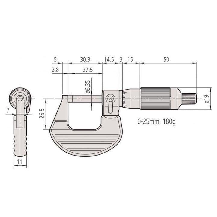 Mitutoyo MIT102-707 Ratschen-Trommel-Messschraube mit 0,001 mm Skalierung, 0–25 mm Bereich