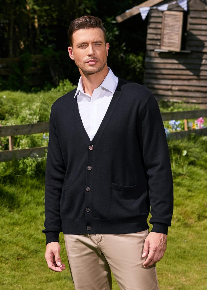 Kallspin Herren Strickjacke aus Wollmischung V-Ausschnitt Cardigan mit Knopfverschluss und Taschen,