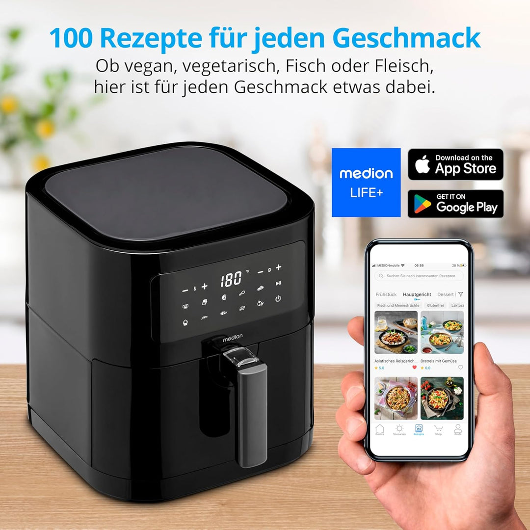 MEDION E40 XL Heissluftfritteuse (5,2 Liter Frittierkorb, 2.150 Watt, 9 Automatikprogramme, Backfunk