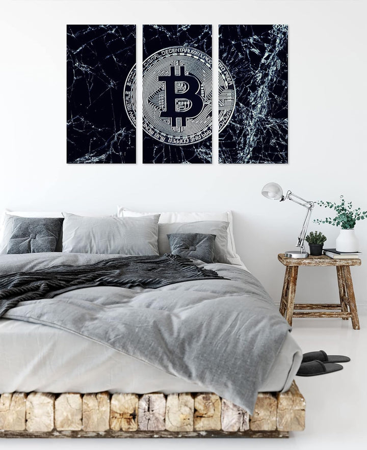 Bitcoin BTC auf Eisals Leinwandbild 3 teilig | Grösse: 120x80 cm | Wandbild | Kunstdruck | fertig be