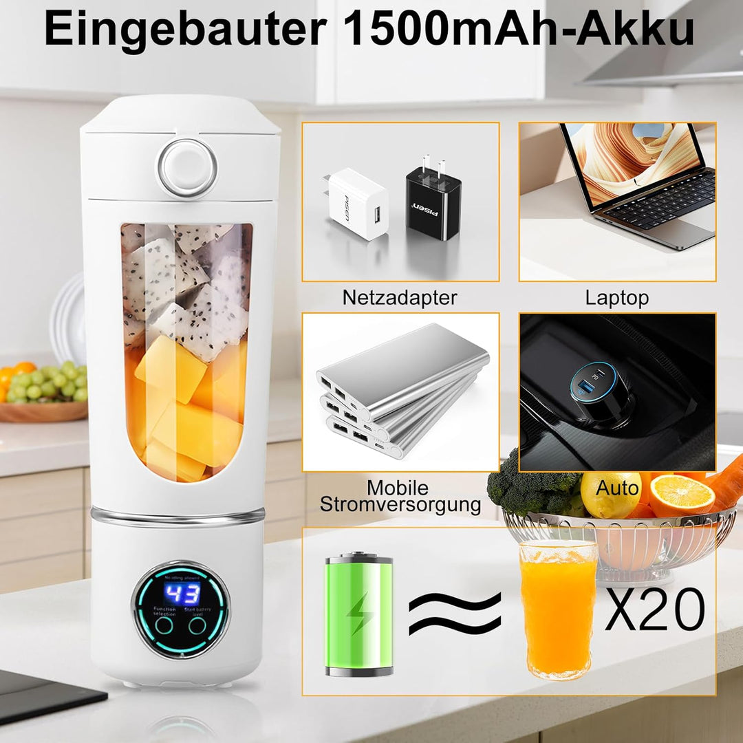 Tragbarer Mixer, Mini-Standmixer, kleiner Entsafter, Smoothie-Maker mit Silikon Strohhalm,12 Edelsta