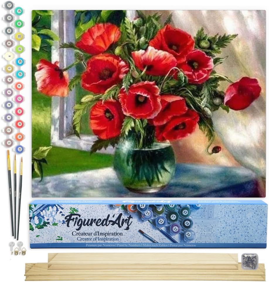 Figured'Art Malen Nach Zahlen Erwachsene Mit Rahmen Roter Blumenstrauss - Paint by Numbers Basteln D