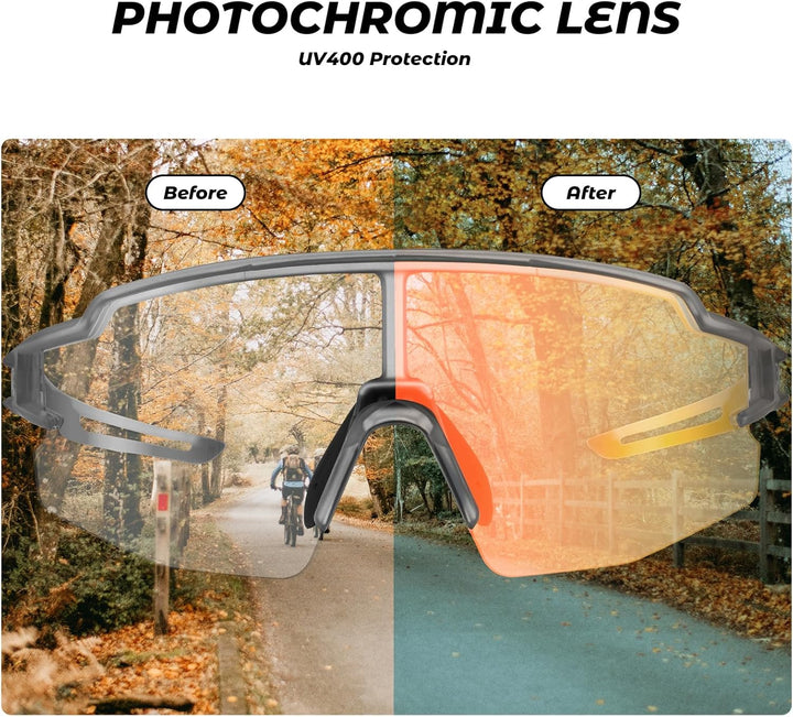 ROCKBROS Fahrradbrille UV 400 Sonnenbrille Photochromatisch Brille Klar Winddicht Sportsbrille für O