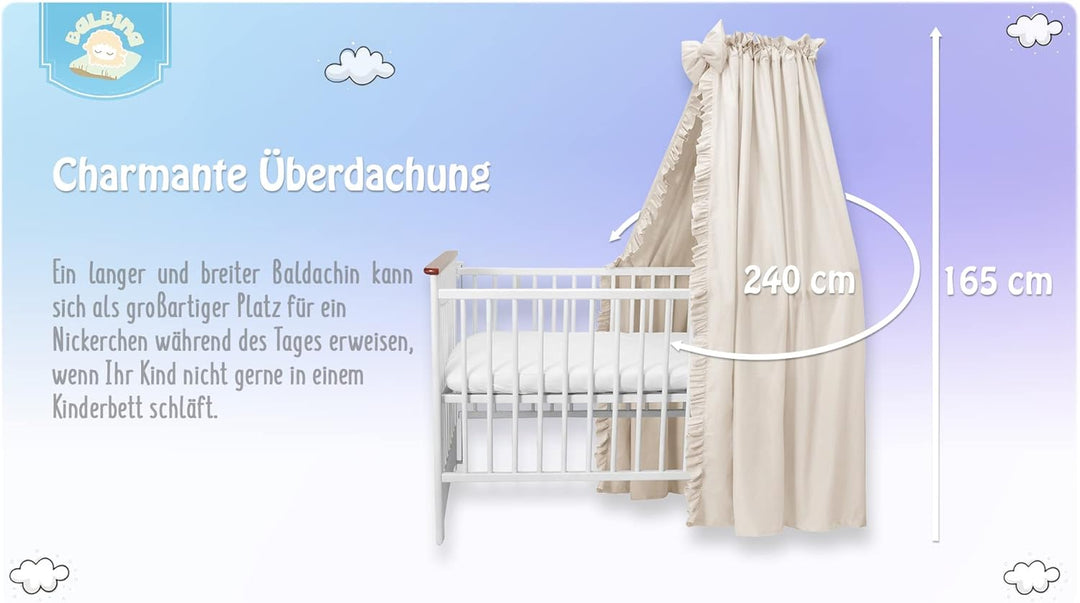 balbina Baldachin 100% Baumwolle, Deko-Set für Kinderbett, Betthimmel mit Rüsche & Schleife, Moskito