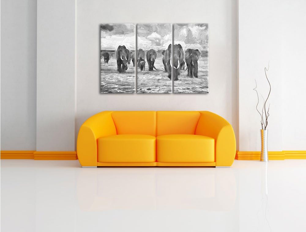 Pixxprint Elefanten Familie in der Savanne als Leinwandbild/Grösse: 3 Teilig (120x80) cm/Wandbild/Ku