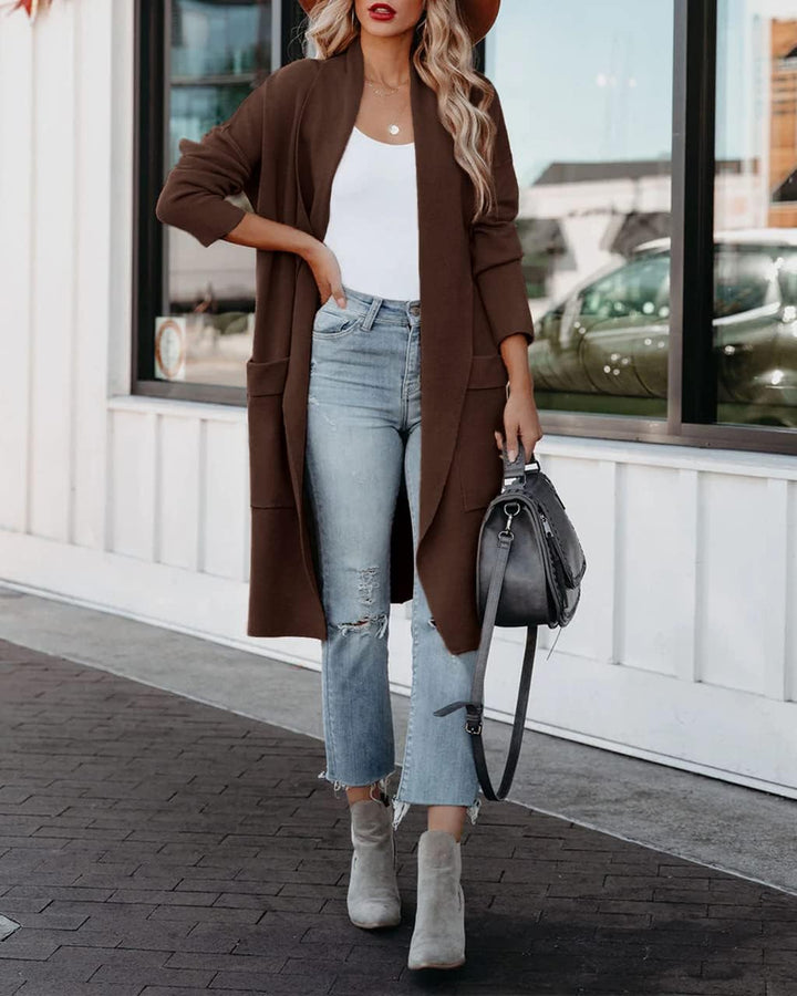 Maavoki Strickjacke Damen, Langarm Offene Front Cardigan mit Tasche, Casual Lange Einfarbig Strickma
