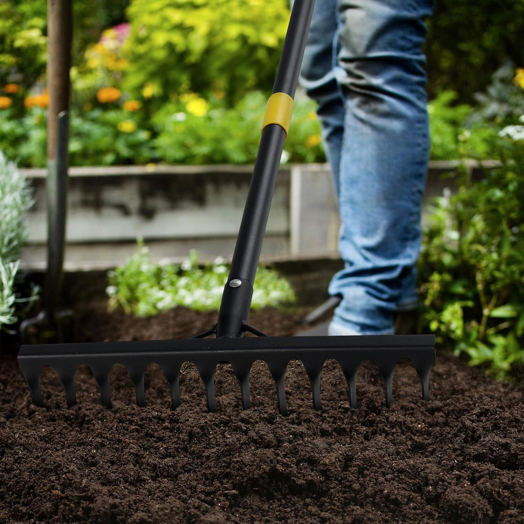 Garten Rechen, 186 cm Bogenharke mit 12 Zinken, Langer Stiel Schwere Gartenharke zum Auflockern des