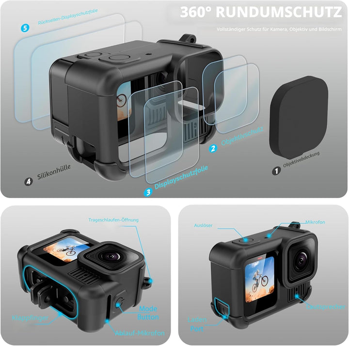FitStill Schwarze Silikon-Schutzhülle, nur für Go Pro Hero 13, Akku-Seitenabdeckung, Displayschutzfo