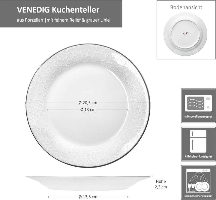 MamboCat 6er Set Venedig Kuchenteller I Ø 20,5 cm I weisses Elegantes Porzellan Geschirr I 6 Persone