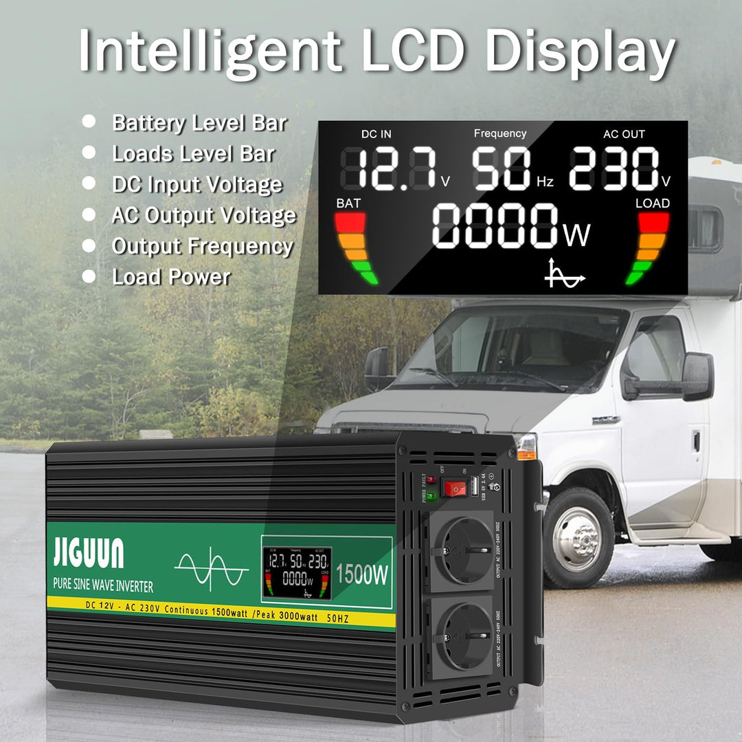 JIGUUN 1500W Wechselrichter Reiner Sinus Spannungswandler 12V 230V Inverter mit 2 EU Steckdosen& 2.1
