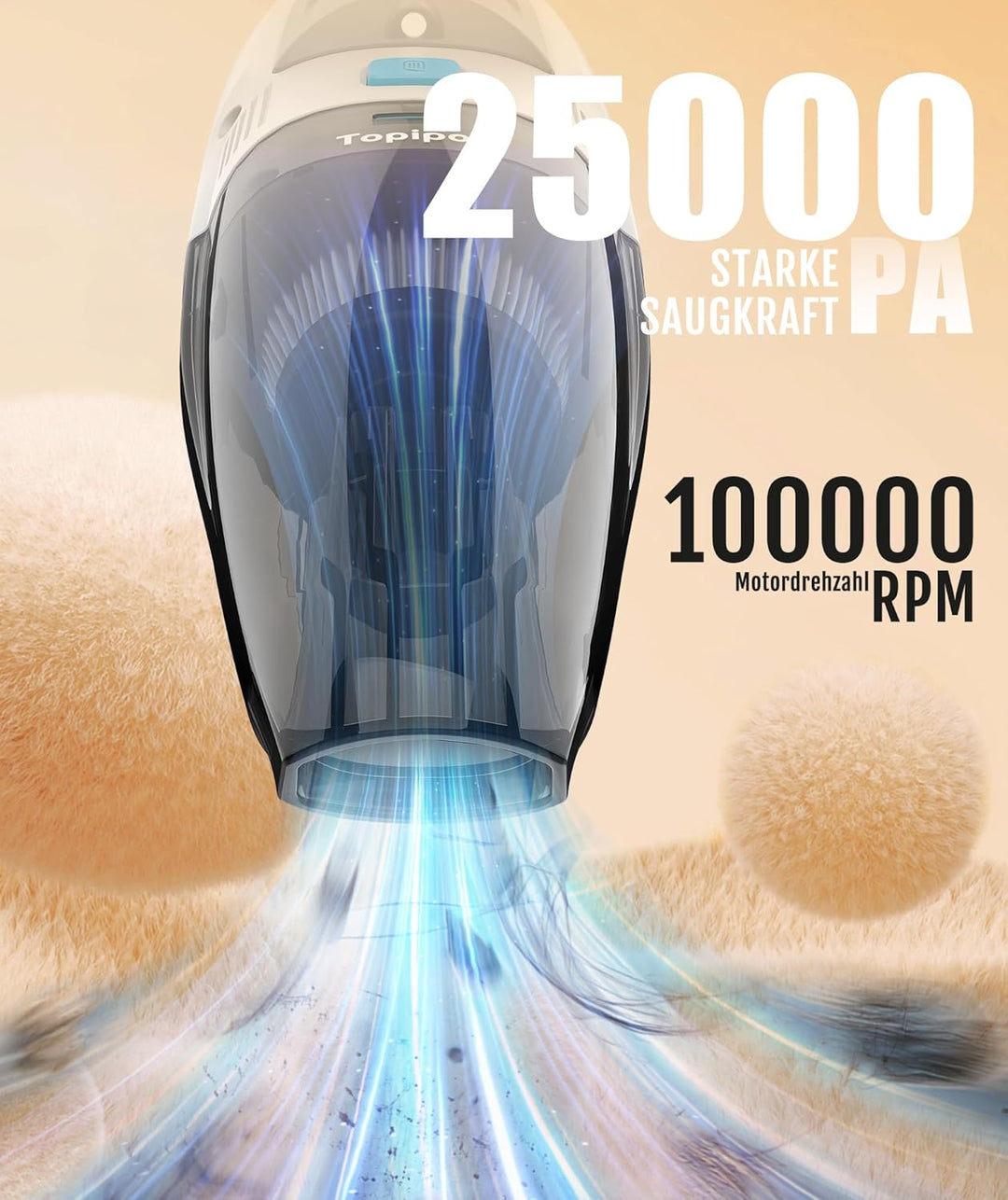 Topipop Handstaubsauger Akku mit 25000Pa Starke Saugkraft,Kabelloser Staubsauger mit HEPA-Filter & A