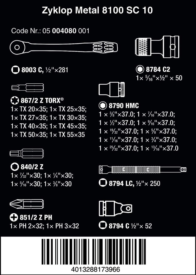 Wera 05004080001 8100 SC 10 Zyklop Metal-Knarrensatz, Durchsteckvierkant, 1/2 Zoll -Antrieb, zöllig,