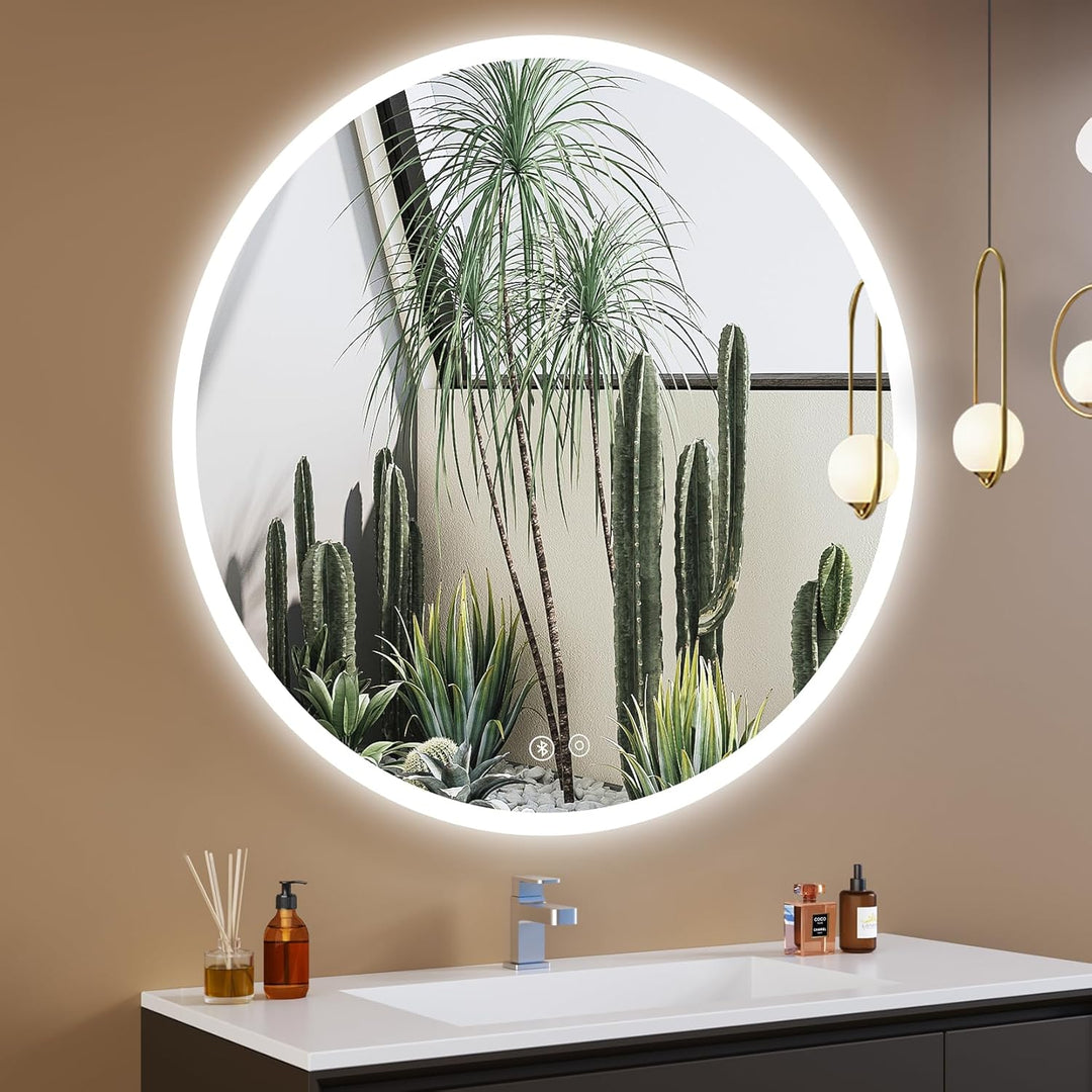 YOLEO Badspiegel mit Beleuchtung rund 70cm, Badezimmerspiegel LED mit Bluetooth-Lautsprecher, Wandsp