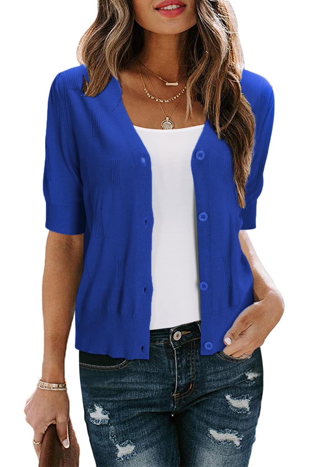 VOTEPRETTY Damen Strickjacke Sommer Kurzarm Cardigan V Ausschnitt Leichte Solid Top Elegant Bolero S