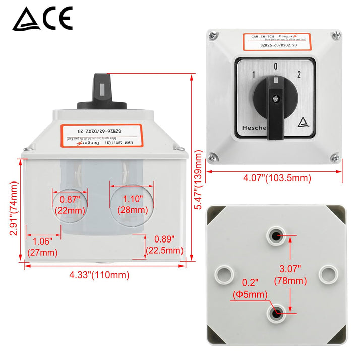 Heschen Universal Drehnocken Wechselschalter, 660V 63A, ON-OFF-ON 3 Positionen, 8 Terminals,SZW26-63