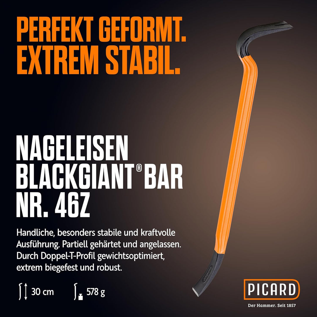 PICARD BlackGiant® Bar Nageleisen Nr. 46Z 0,6kg | 300mm Länge | 90° Hebelkraft Design | Rutschfest |