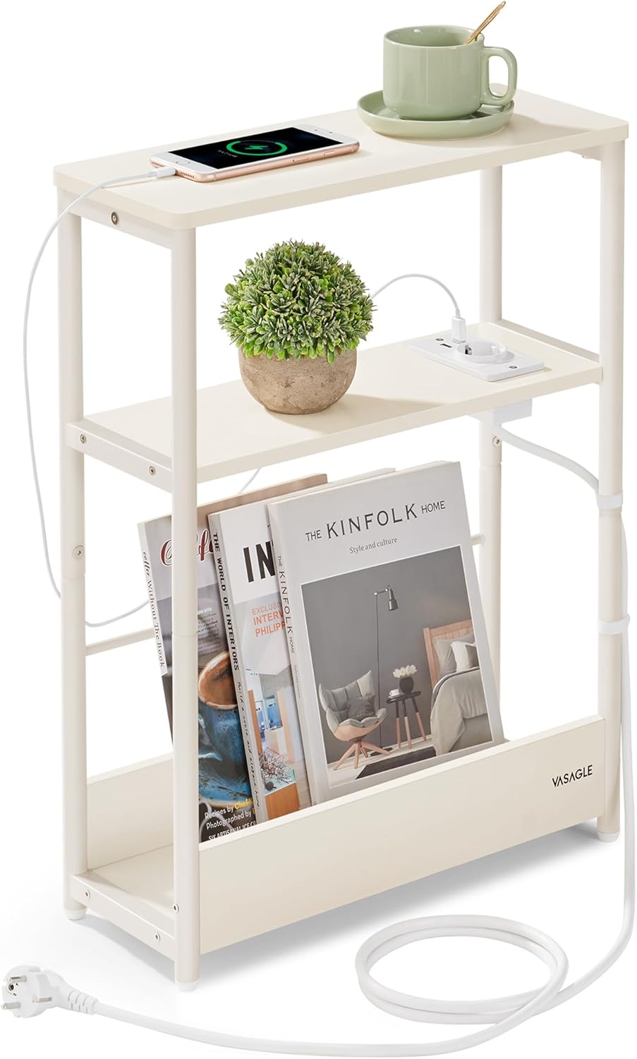 VASAGLE Beistelltisch schmal, Nachttisch mit Ladefunktion, Couchtisch klein, 3 Ablagen, Zeitschrifte