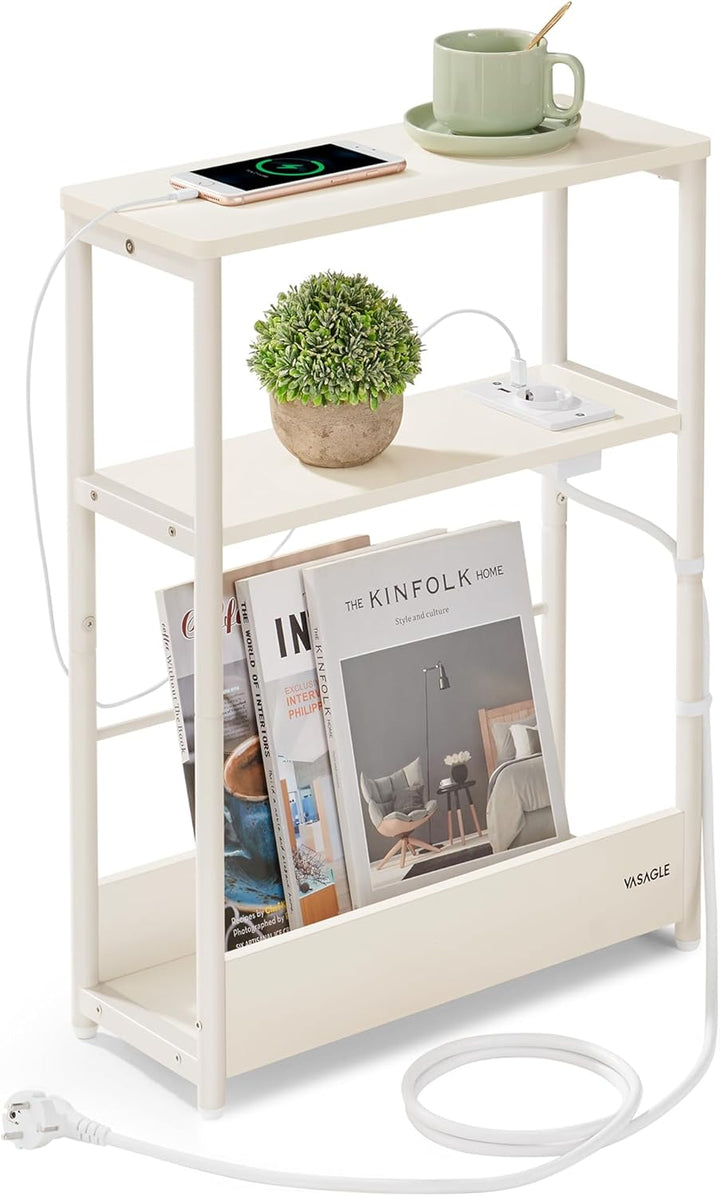 VASAGLE Beistelltisch schmal, Nachttisch mit Ladefunktion, Couchtisch klein, 3 Ablagen, Zeitschrifte