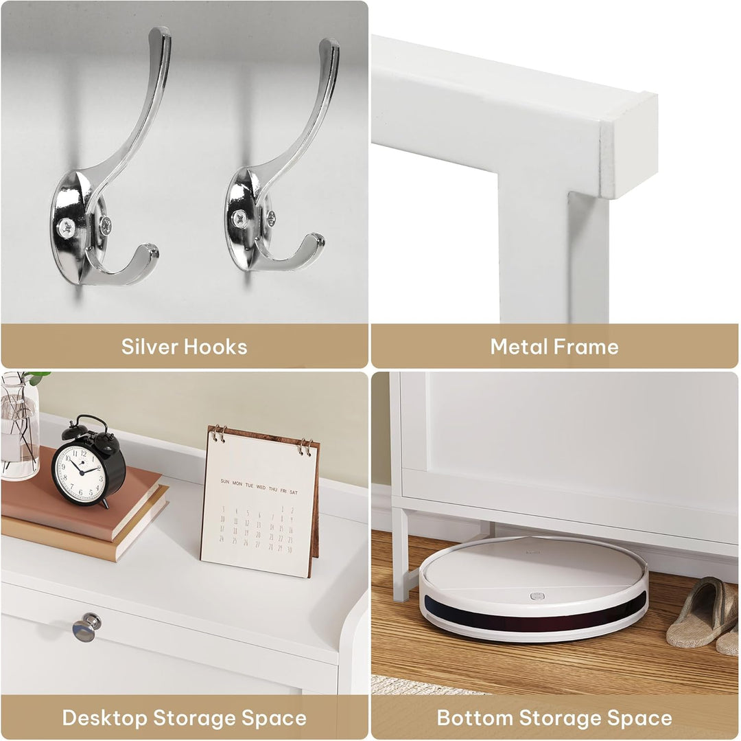 YITAHOME Schuhkipper Schmal Weiss mit Garderobe 5 Haken und 3 Klapptüren, Verstellbares Regal Schuhs