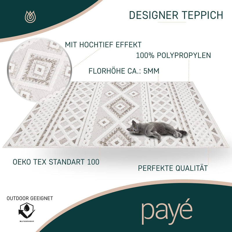 payé Teppich Läufer - Creme Braun Raute - 60x110cm - Boho Deko Teppiche für Balkon Terrasse Garten -