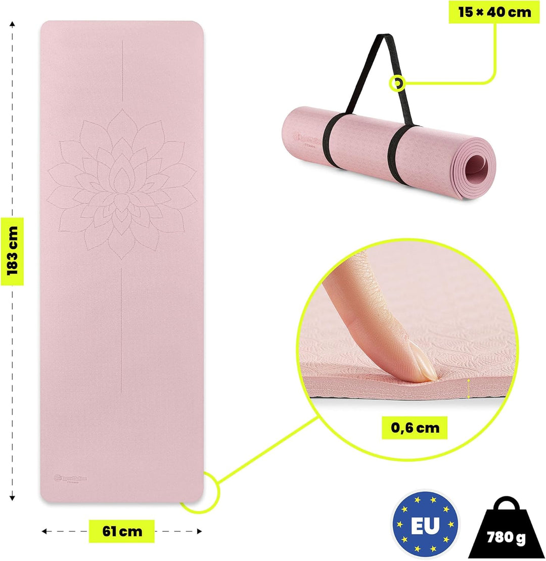 HyperMotion Yogamatte Fitnessmatte NBR 183x61x0,8 cm Schwarz, Rutschfest 8 mm, mit Tragegurt und Str