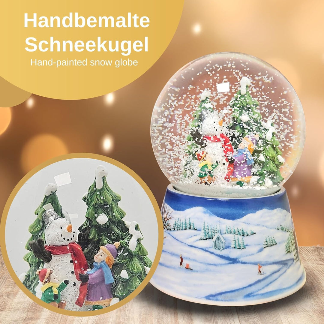 Schneekugel Weihnachten Spieluhr | 2 Kinder Bauen Schneemann | Sockel Winterlandschaft hellblau | mi