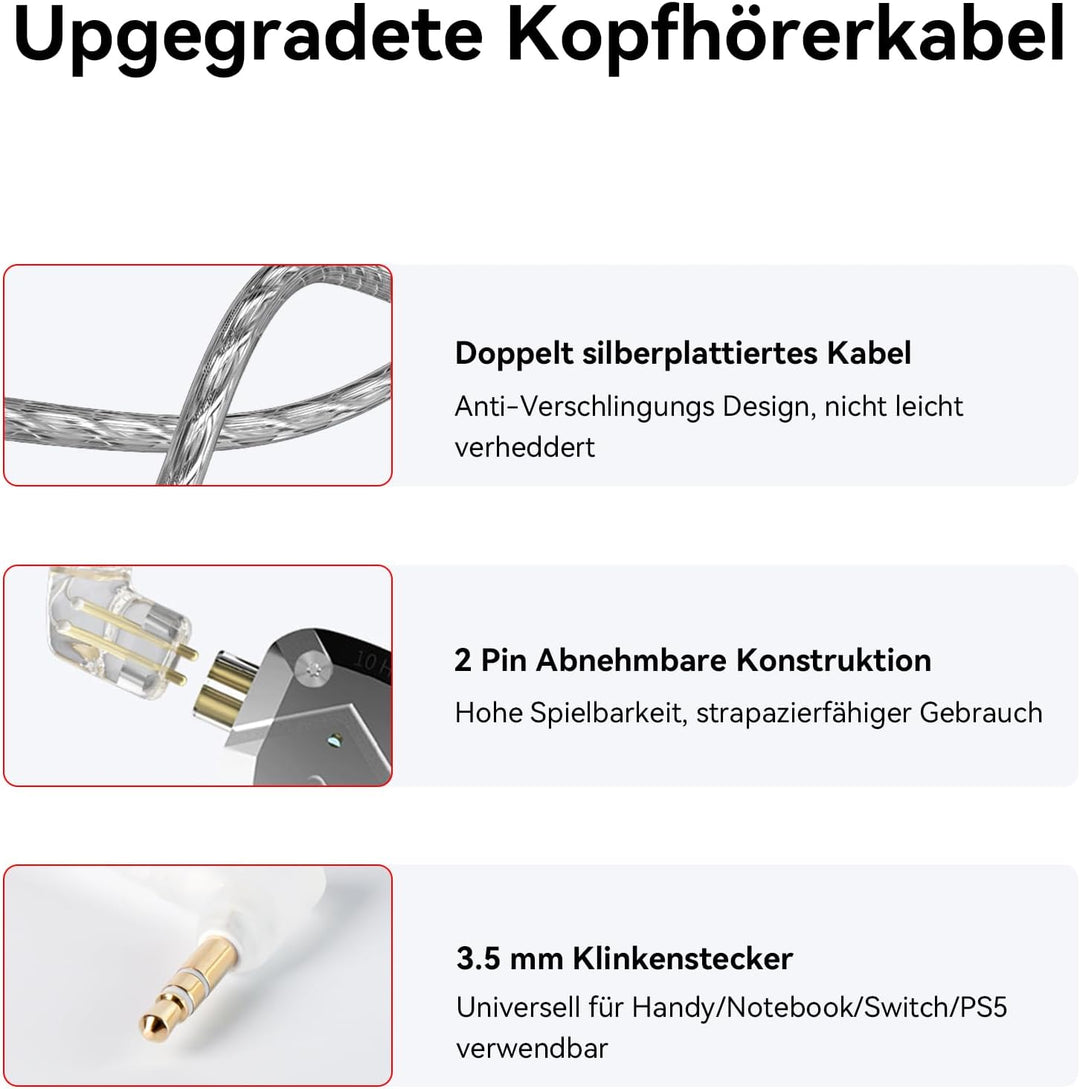 Yinyoo KZ ZS10 Pro IEM-Kopfhörer HiFi Hybrid Ohrhörer kabelgebunden mit Mikrofon, 1DD+4BA 5 Treiber