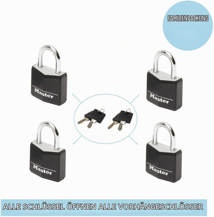 MASTER LOCK Kleine Vorhängeschlosser [Schlüssel] [4er-Set][Gleichschliessend] 9120EURQBLKNOP - Ideal