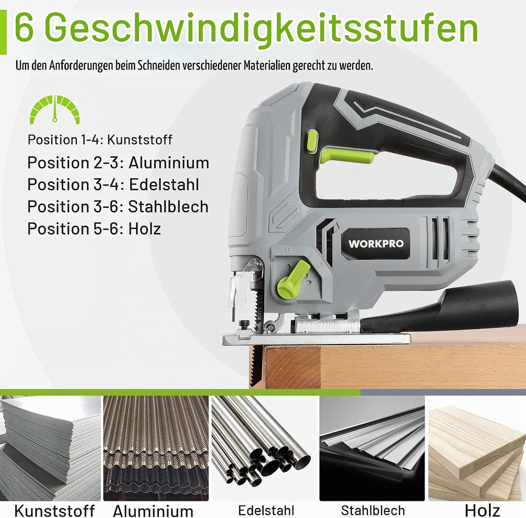 WORKPRO Stichsäge 600W, 3000 SPM mit 6 Geschwindigkeiten &amp; 4 Orbitalpositionen, Schnellem Klingenwec