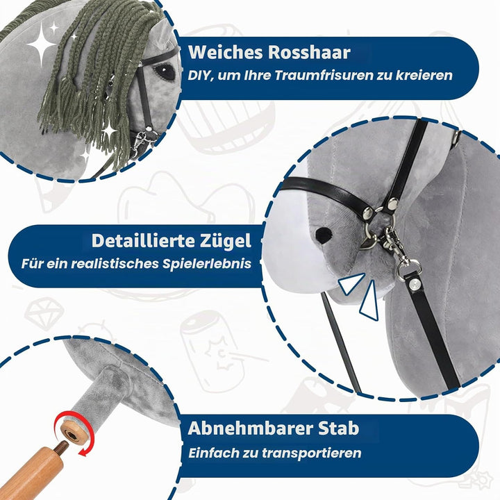 Hobby Horse für Kinder, Steckenpferd Spielzeug Pferd mit Halfter und Zügeln, Holzpferd Plüschpferd S