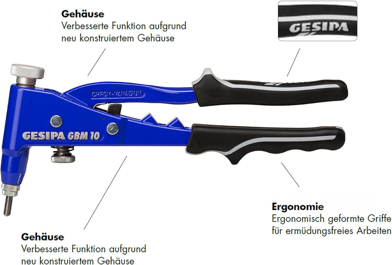 GESIPA | Nietmutternzange Set GBM 10 inkl. 200 Alu-Nietmuttern | Professionelle Nietzange | Für Blin