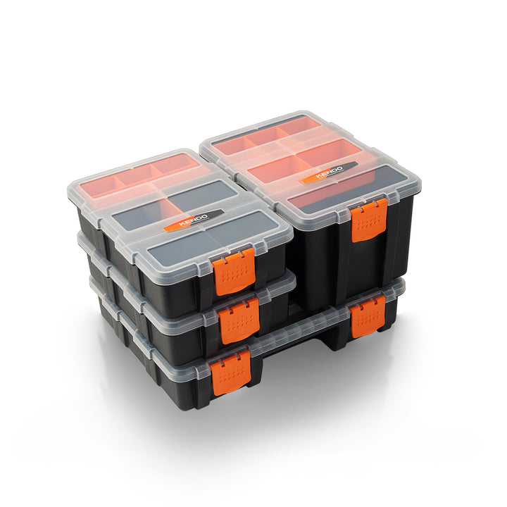 KENDO Sortimentskasten Set – 4-teilig – 49x Fächer – Werkzeugkasten – Für Kleinteile und Werkzeug 38