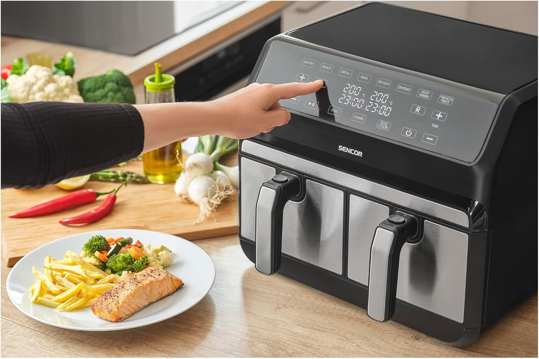 Sencor Luftfritteuse Air Fryer, Doppelfachfach, Luftzirkulationstechnologie, hohe Geschwindigkeit, b