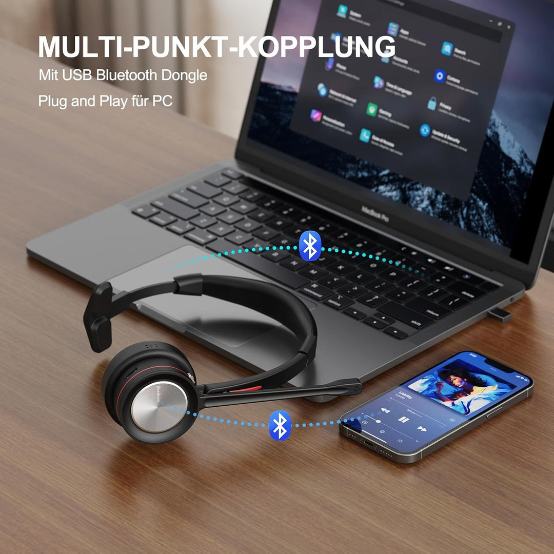 Headset mit Mikrofon Bluetooth, Mono Kabellose Headset für PC Laptop, Noise Canceling Wireless mit M