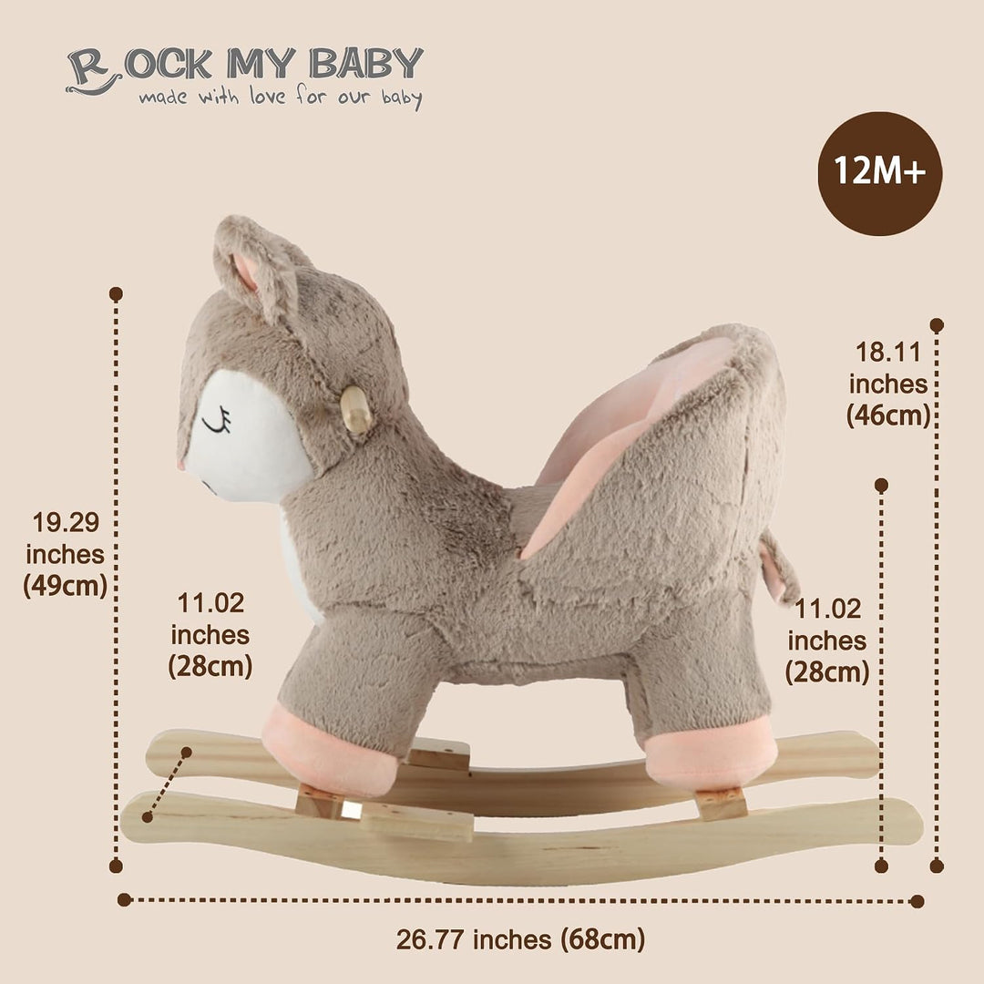 Plüsch Rocking Horse - weicher gefüllter Körper, Sicherheitssitz Stuhl, Holz Rockers, Musikknopf - K