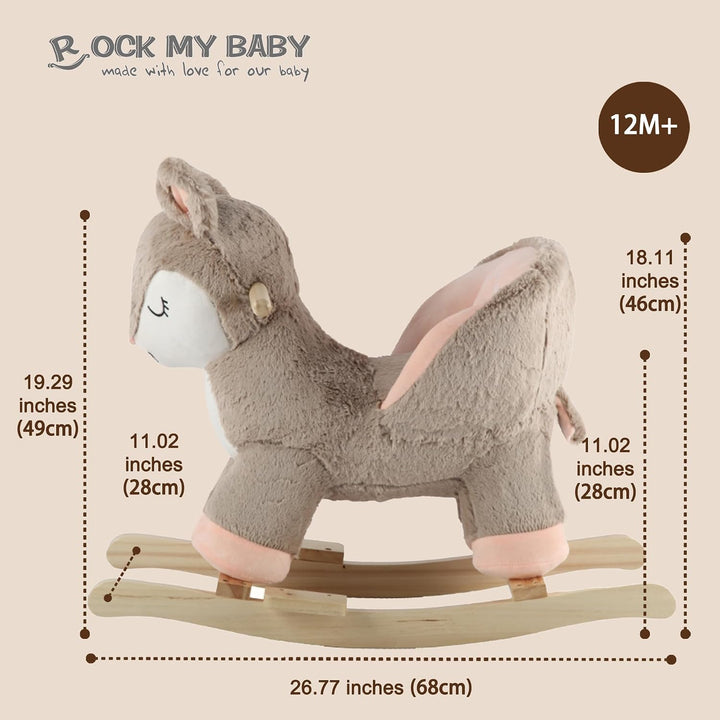 Plüsch Rocking Horse - weicher gefüllter Körper, Sicherheitssitz Stuhl, Holz Rockers, Musikknopf - K